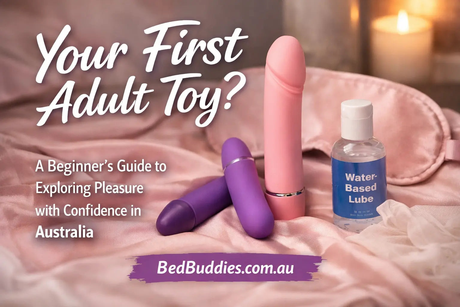 beginner adult toys Australia - a colorful display of beginner adult toys and lubricant on soft fabric.