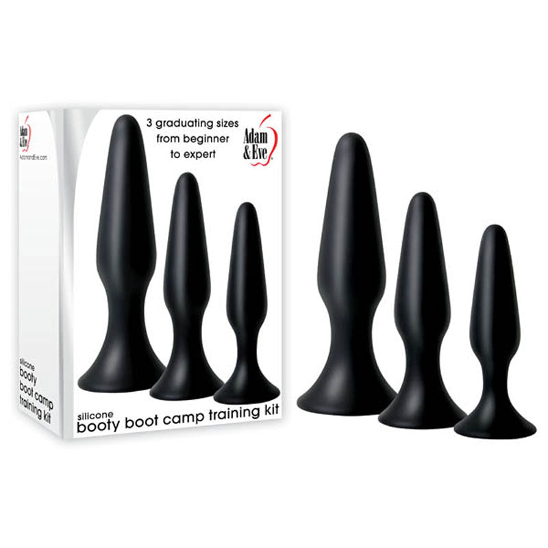 Adam &amp; Eve Silicone Booty Boot Camp Training Kit - Black Butt Plugs - Set of 3 Sizes