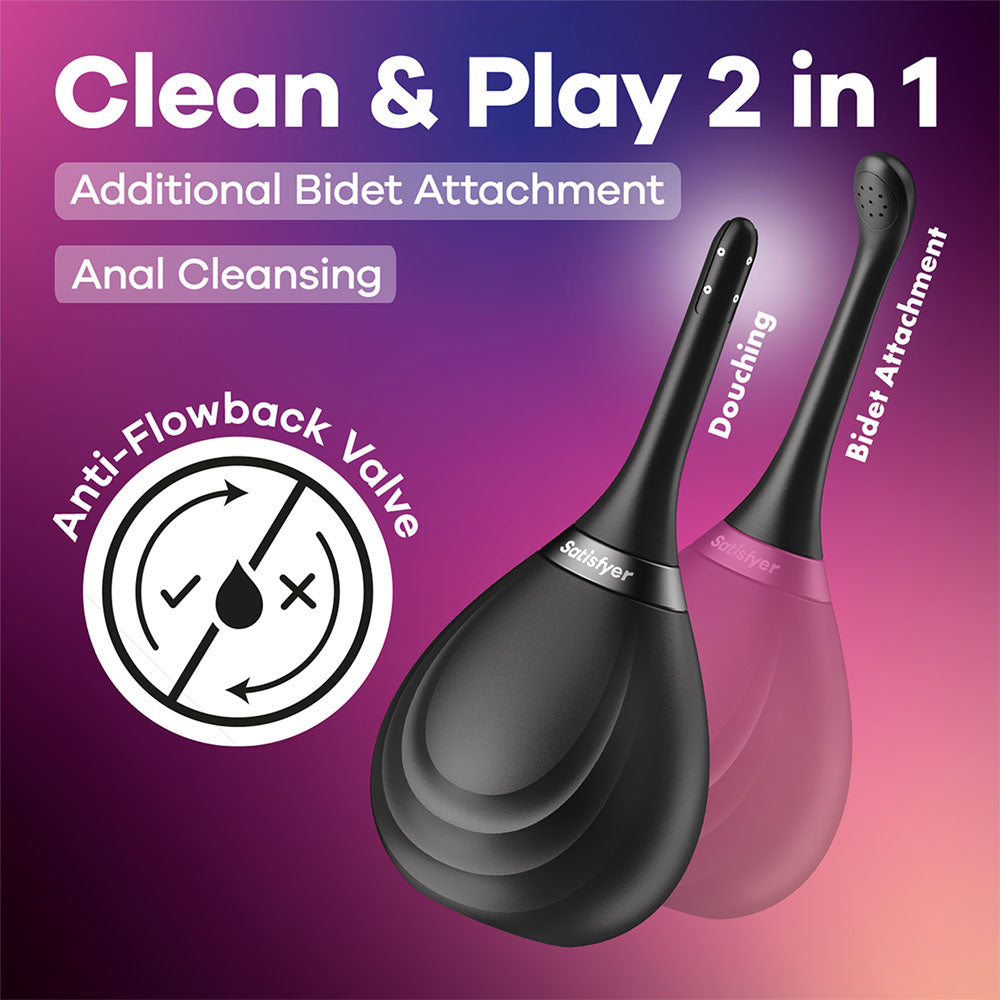 Satisfyer Clean &amp; Play 2-in-1 - Black Unisex Douche with 2 Nozzles