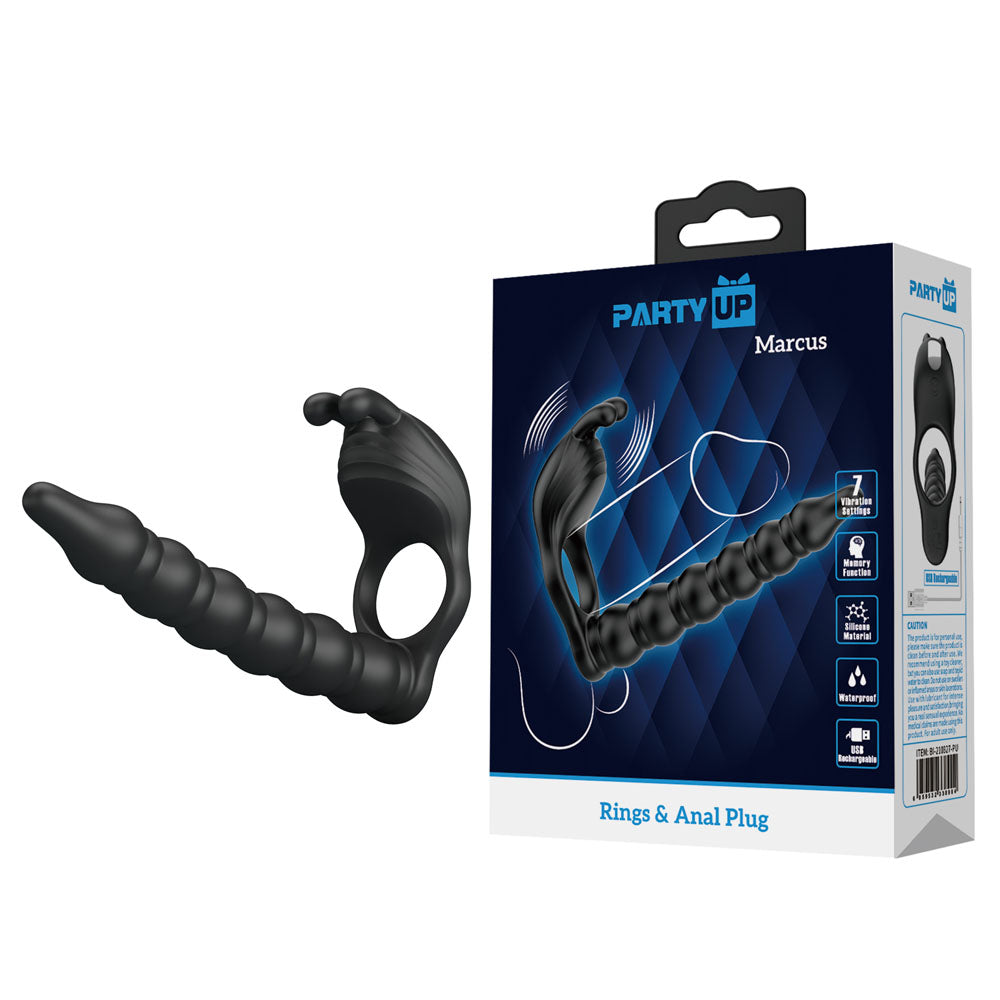 Party Up MARCUS Ring &amp; Anal Plug - Black USB Rechargeable Vibrating Cock Ring with Double Penetrator