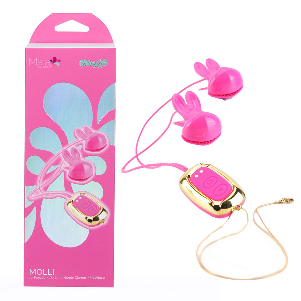 Maia MOLLI - Pink - Pink USB Rechargeable Vibrating Nipple Clamps &amp; Necklace