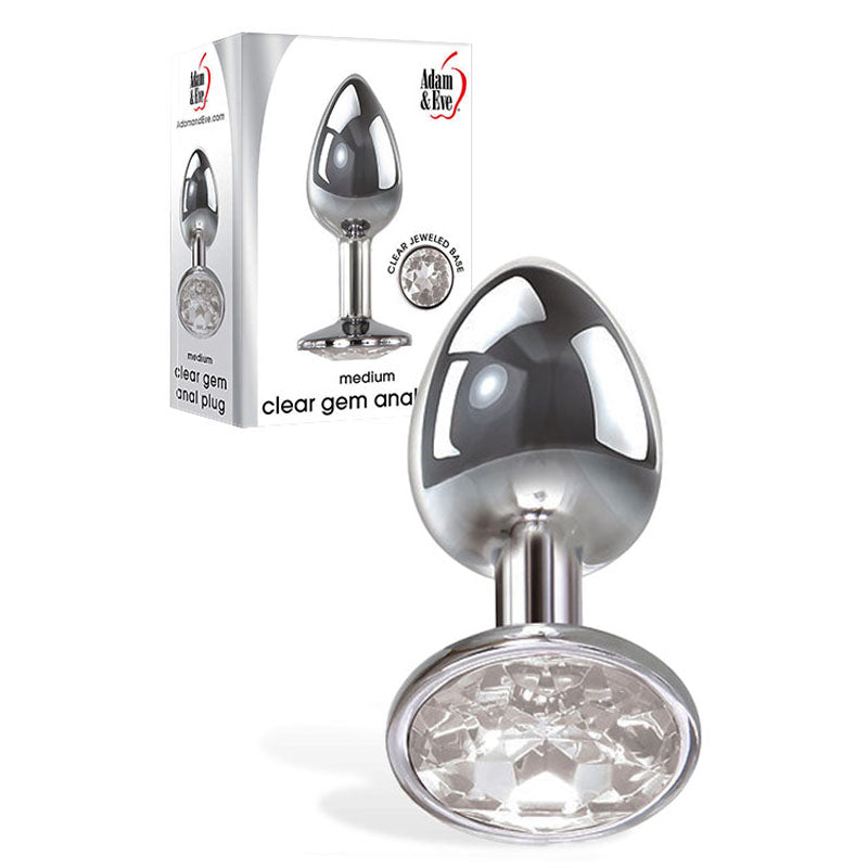 Adam &amp; Eve Clear Gem Anal Plug - Medium - Metallic 8.2 cm Medium Butt Plug with Clear Gem Base