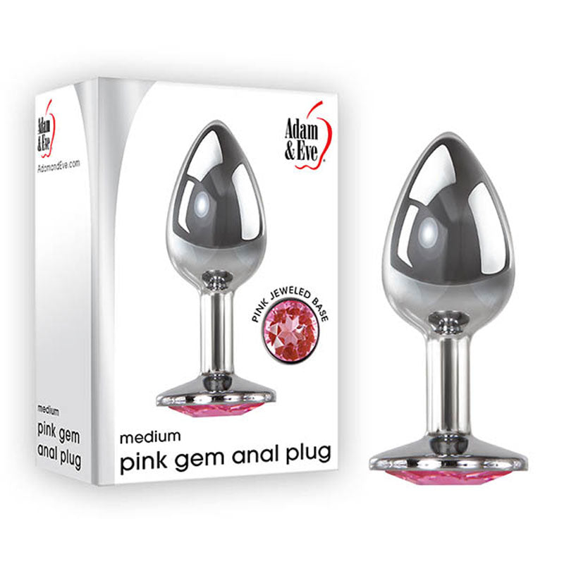 Adam &amp; Eve Pink Gem Anal Plug - Medium - Silver Medium 8.2 cm Metal Butt Plug with Pink Gem