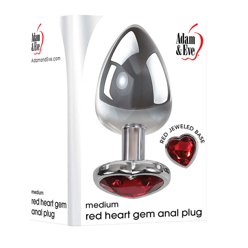 Adam &amp; Eve Red Heart Gen Anal Plug - Medium - Metallic 8.25 cm Butt Plug with Heart Gem Base