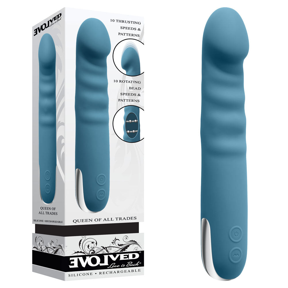 Evolved QUEEN OF ALL TRADES - Blue 22.6 cm USB Rechargeable Thrusting &amp; Rotating Vibrator