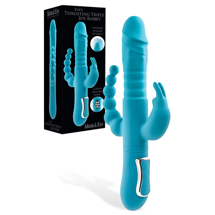 Adam &amp; Eve THRUSTING TRIPLE JOY RABBIT - Teal 25.4 cm USB Rechargeable Rabbit Vibrator with Anal Probe