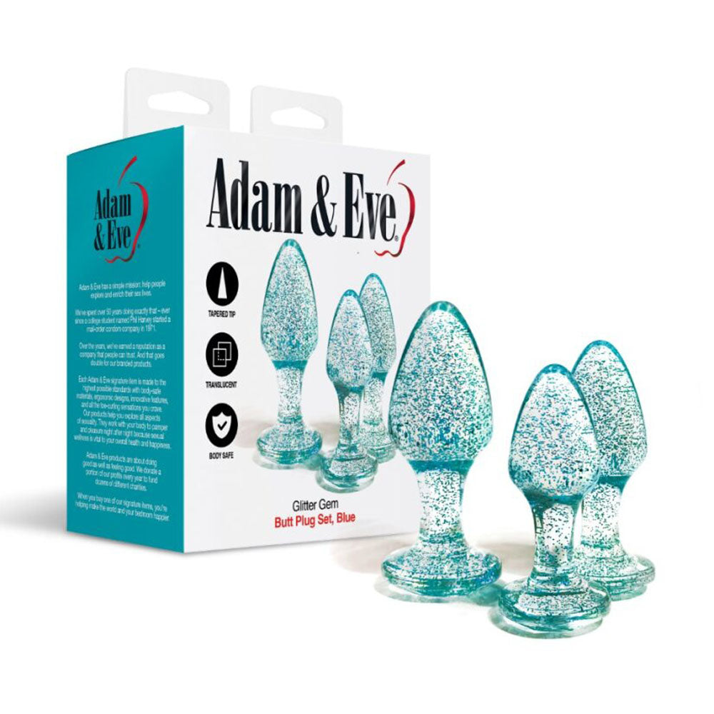 Adam &amp; Eve Glitter Gem 3-Piece Butt Plug Set - Blue - Glitter Blue Butt Plugs - Set of 3 Sizes
