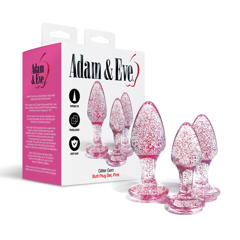 Adam &amp; Eve Glitter Gem 3-Piece Butt Plug Set - Pink - Glitter Pink Butt Plugs - Set of 3 Sizes