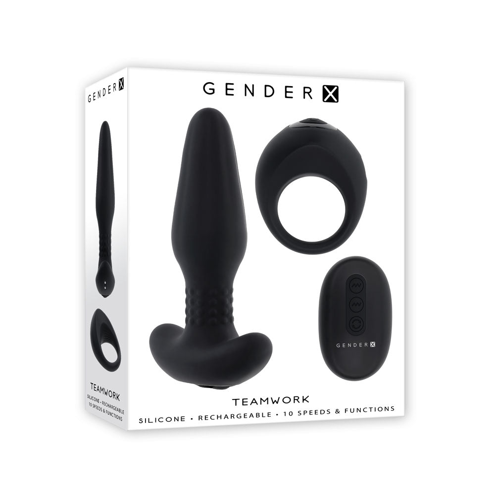 Gender X TEAMWORK - Black USB Rechargeable Rimming Butt Plug &amp; Vibrating Cock Ring