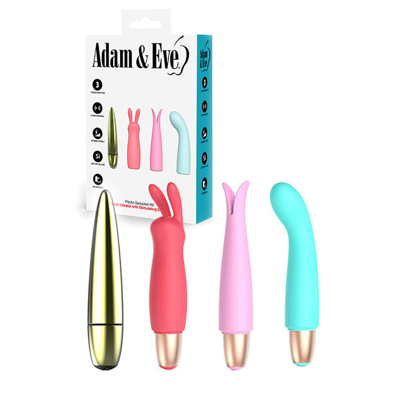 Adam &amp; Eve PLAYFUL SEDUCTION KIT - USB Rechargeable Vibrator with 3 Interchangeable Sleeves
