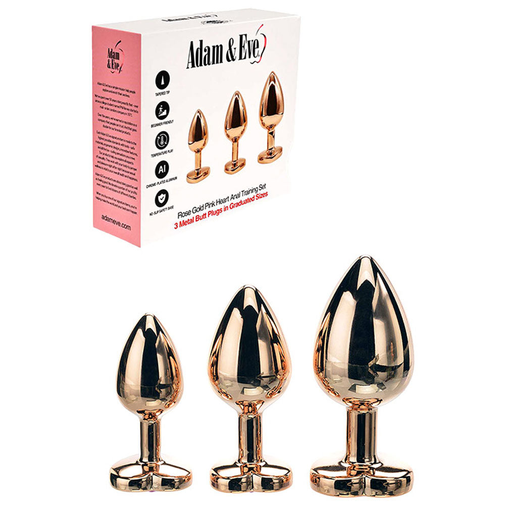 Adam &amp; Eve ROSE GOLD HEART GEM ANAL TRAINING SET - Rose Gold Metal Anal Plugs with Pink Gem Bases - Set of 3 Sizes