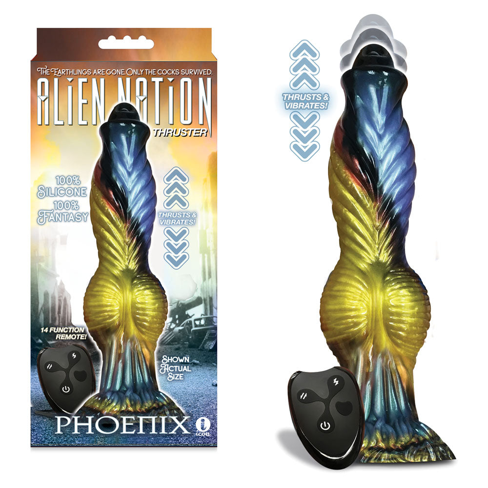 Alien Nation - Phoenix - Gold/Blue &amp; Black 25.4 cm USB Rechargeable Thrusting Fantasy Dong with Remote