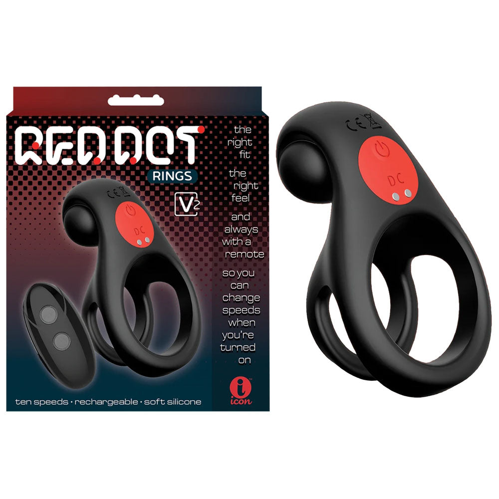 Red Dot Rings - V2 - Black USB Rechargeable Vibrating Cock &amp; Ball Ring with Remote
