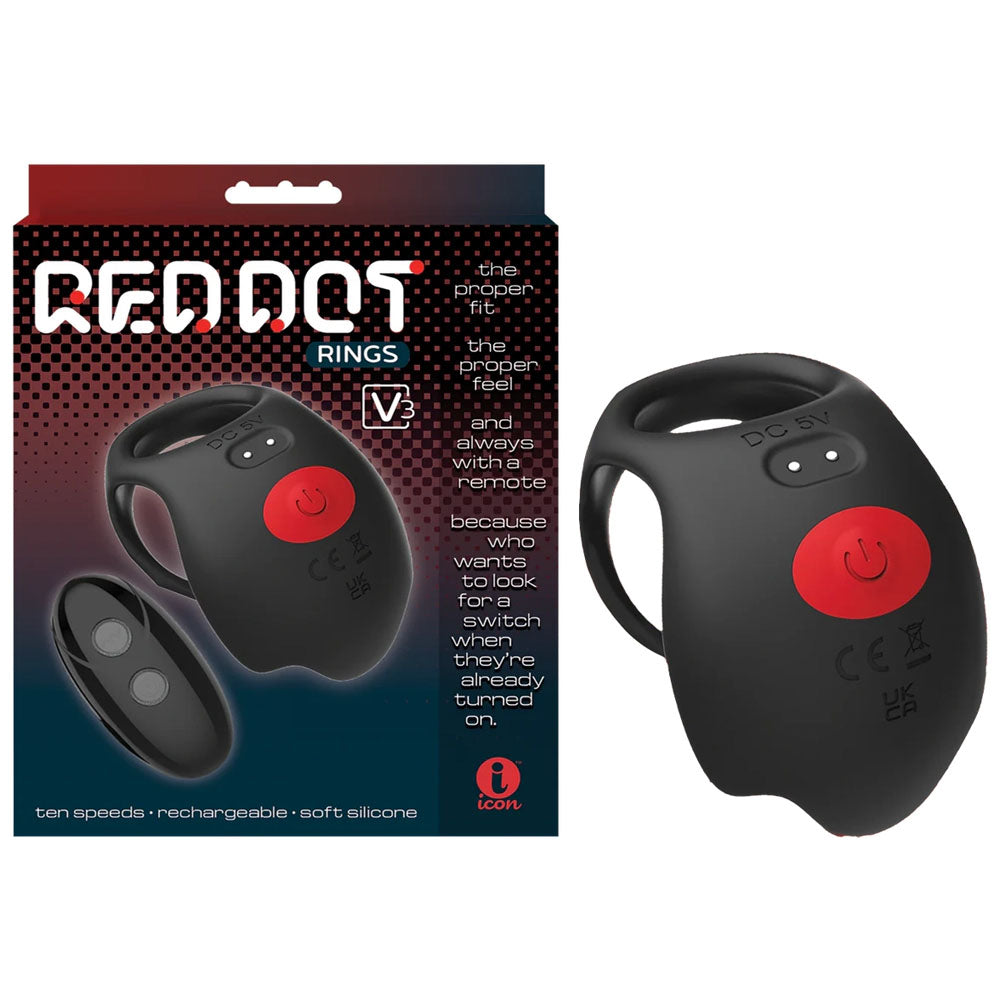 Red Dot Rings - V3 - Black USB Rechargeable Vibrating Cock &amp; Ball Ring with Remote