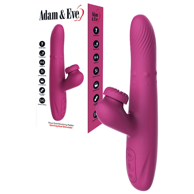 Adam &amp; Eve ROSE GOLD REVOLVING RABBIT - Purple 22.5 cm USB Rechargeable Spinning &amp; Thrusting Rabbit Vibrator