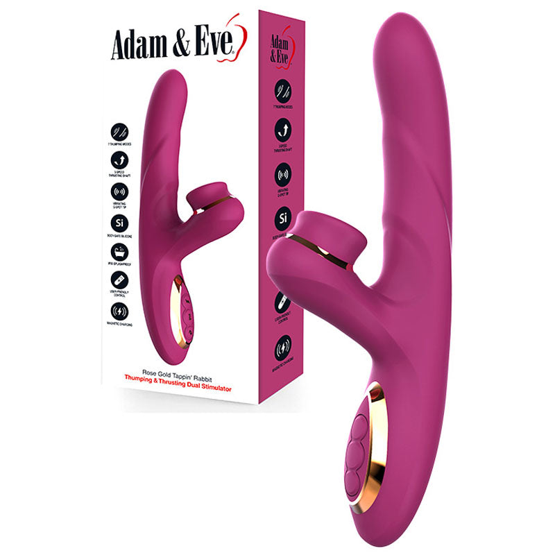 Adam &amp; Eve ROSE GOLD TAPPIN RABBIT - Purple 22.5 cm USB Rechargeable Tapping &amp; Thrusting Rabbit Vibrator
