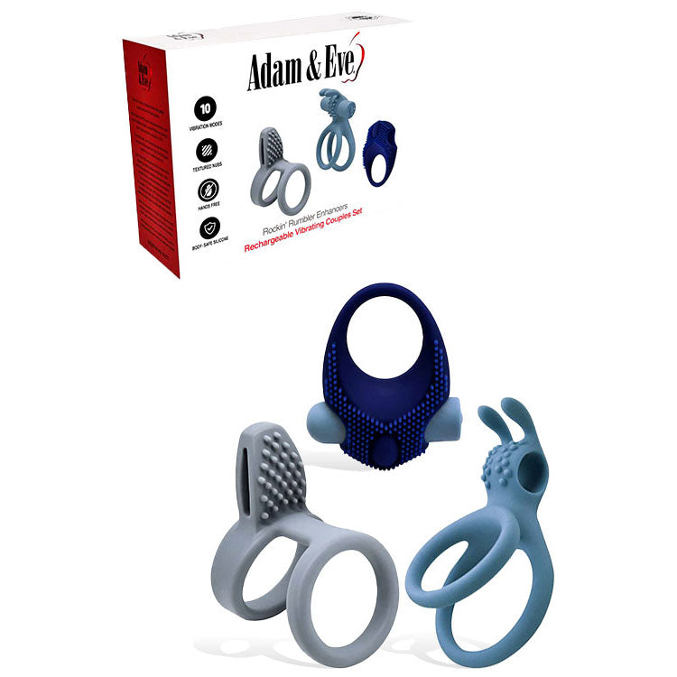 Adam &amp; Eve ROCKIN RUMBLER ENHANCERS - Silicone Cock Rings with Rechargeable Vibrating Bullet - Set of 3