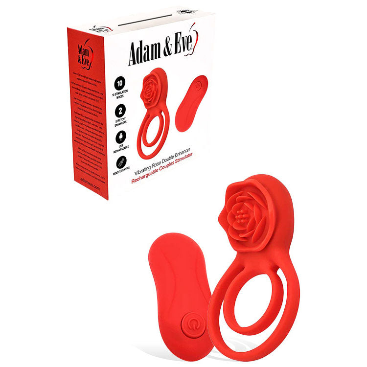 Adam &amp; Eve VIBRATING ROSE DOUBLE ENHANCER - Red USB Rechargeable Cock &amp; Balls Ring with Remote
