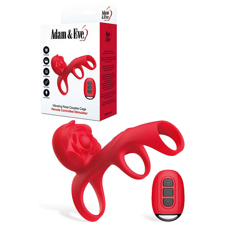 Adam &amp; Eve VIBRATING ROSE COUPLES CAGE - Red USB Rechargeable Vibrating Penis Cage with Wireless Remote