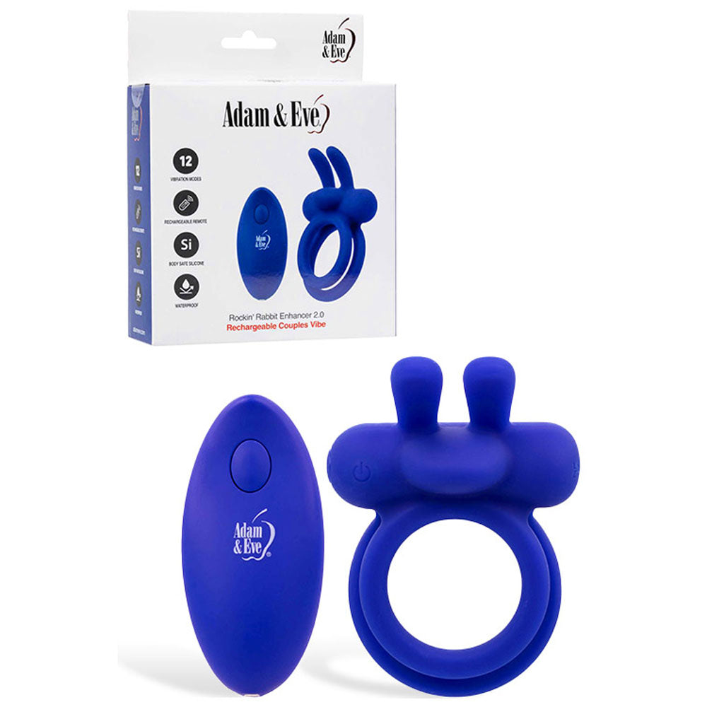 Adam &amp; Eve ROCKIN RABBIT 2.0 - Blue USB Rechargeable Vibrating Cock Ring with Wireless Remote