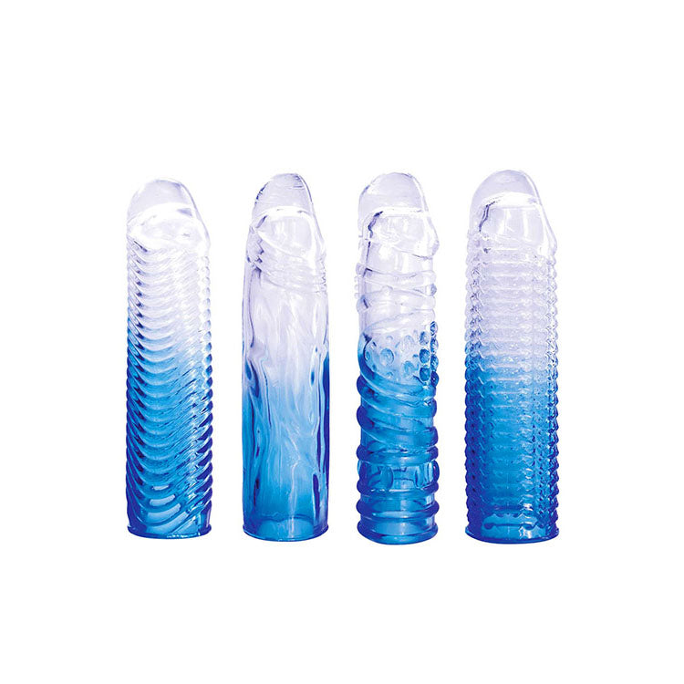 Adam &amp; Eve SAPPHIRE Sleeve Set - Blue Clear Penis Sleeve Set - Set of 4
