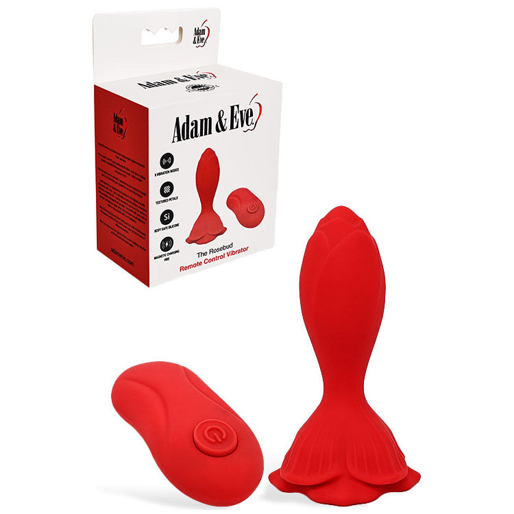 Adam &amp; Eve THE ROSEBUD - Red 10.2 cm USB Rechargeable Vibrating Butt Plug with Remote