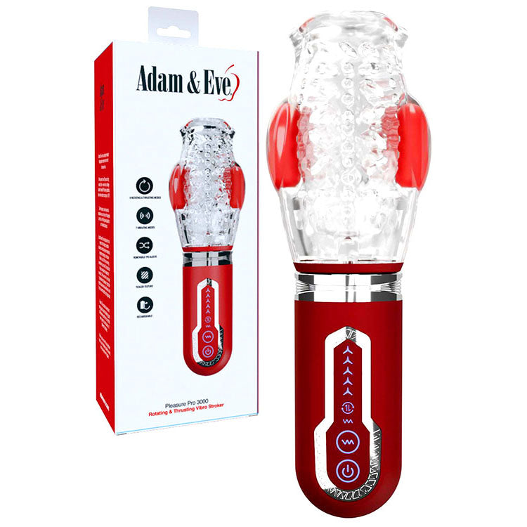 Adam &amp; Eve PLEASURE PRO 3000 - Clear/Red USB Rechargeable Thrusting &amp; Rotating Auto Stroker