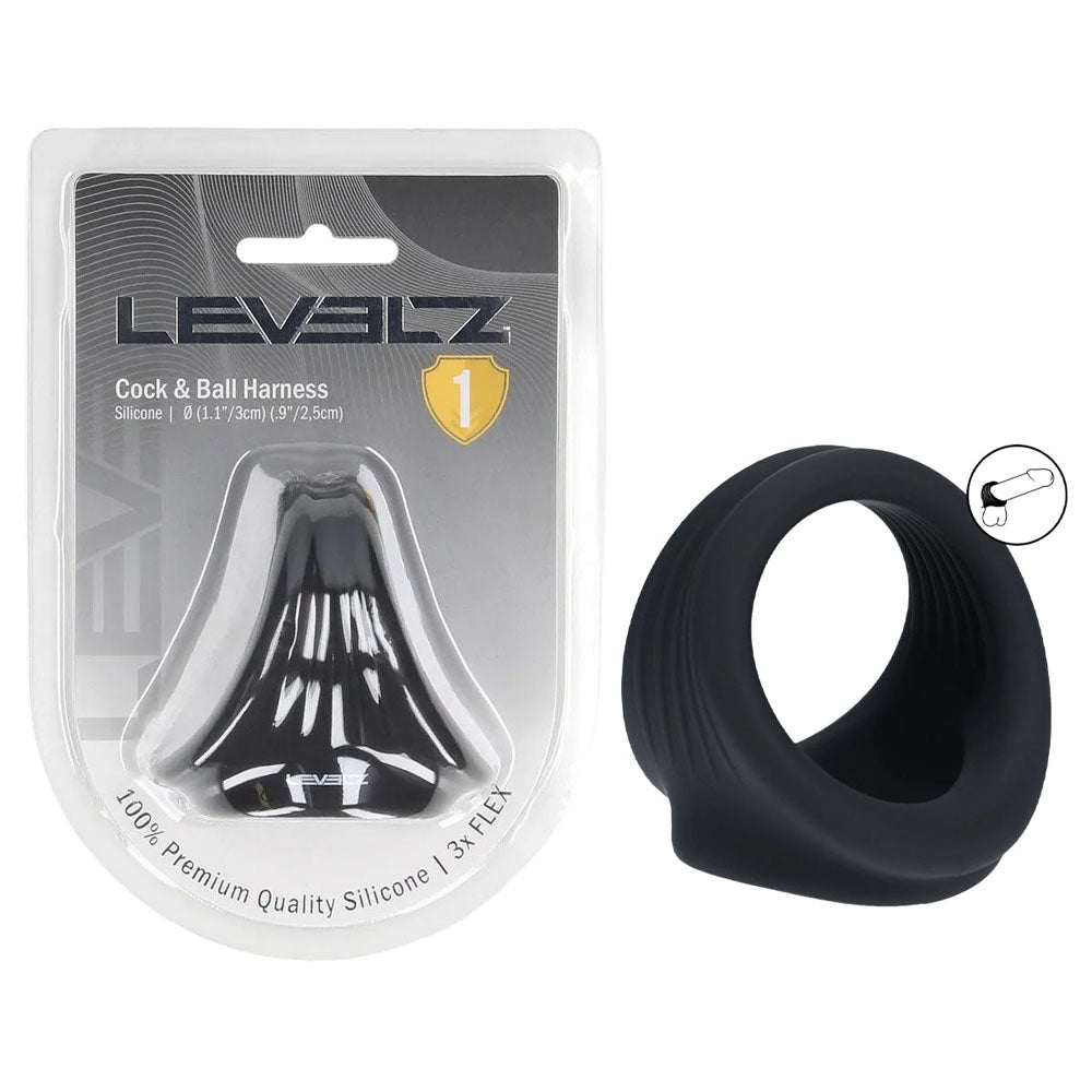 LEVELZ Silicone Cock &amp; Ball Harness - Black - Black Cock &amp; Ball Ring
