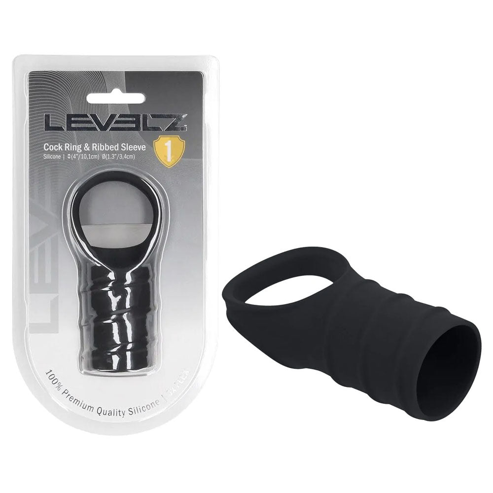 LEVELZ Silicone Cock Ring &amp; Ribbed Sleeve - Black Cock Ring with Sleeve