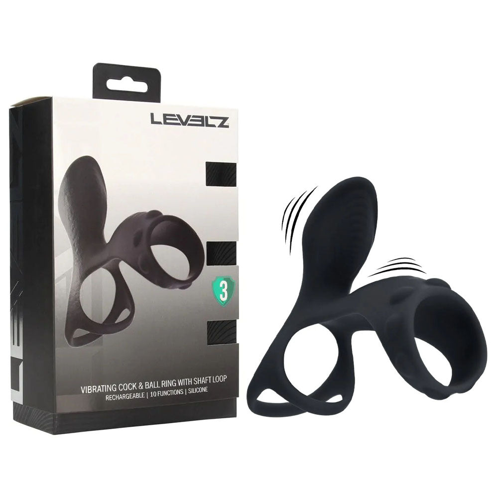 LEVELZ Vibrating Cock &amp; Ball Ring with Shaft Loop - Black USB Rechargeable Vibrating Cock &amp; Ball Rings