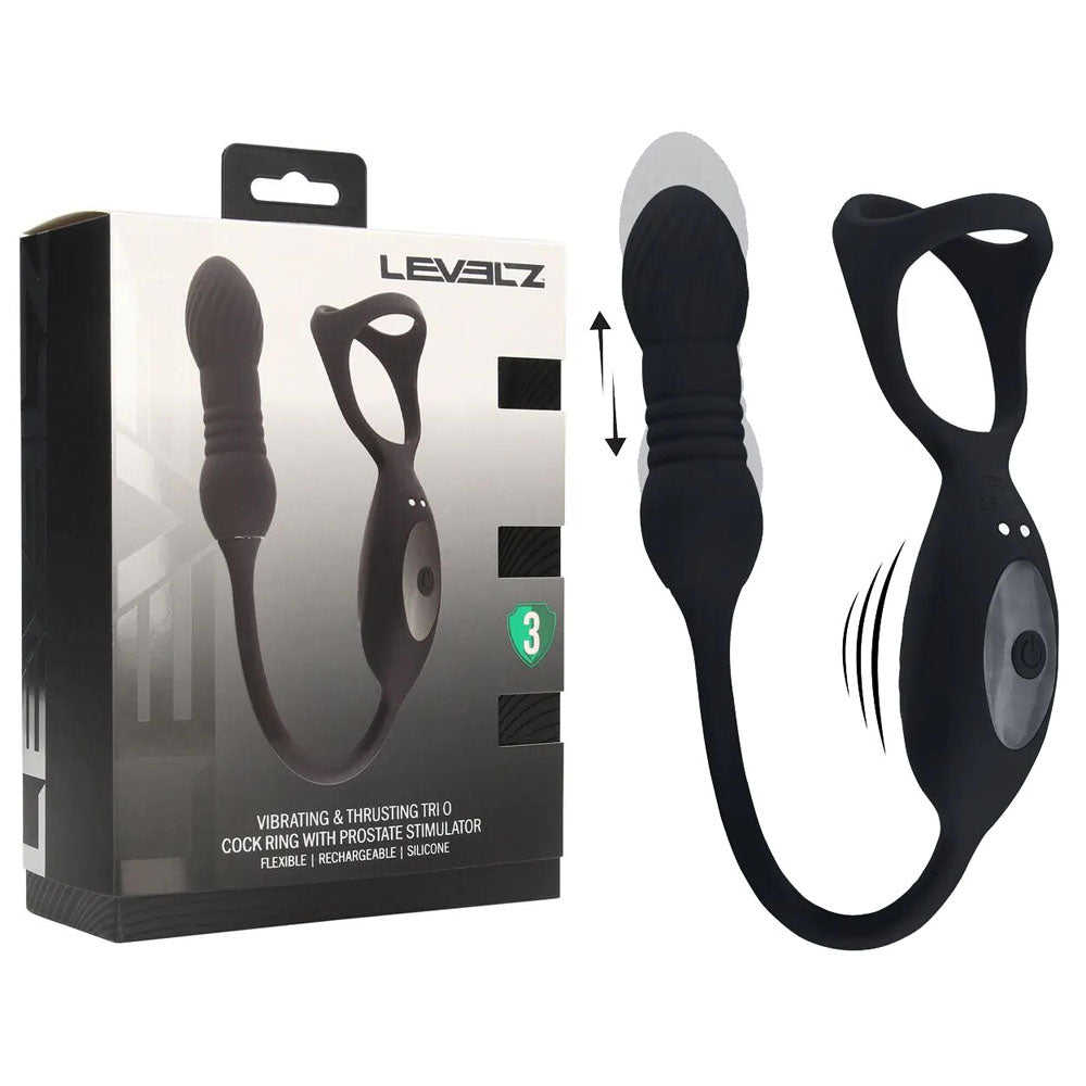 LEVELZ Vibrating &amp; Thrusting TriO Cock Ring with Prostate Stimulator - Black USB Rechargeable Vibrating Cock Ring with Thrusting Prostate Plug