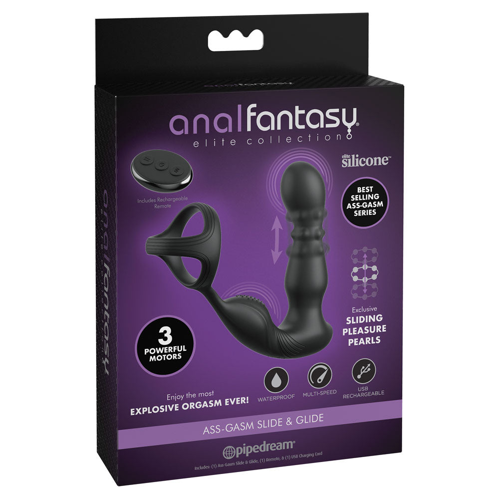 Anal Fantasy Elite Ass-Gasm Slide &amp; Glide - Black USB Rechargeable Prostate Massage with Cock Ring