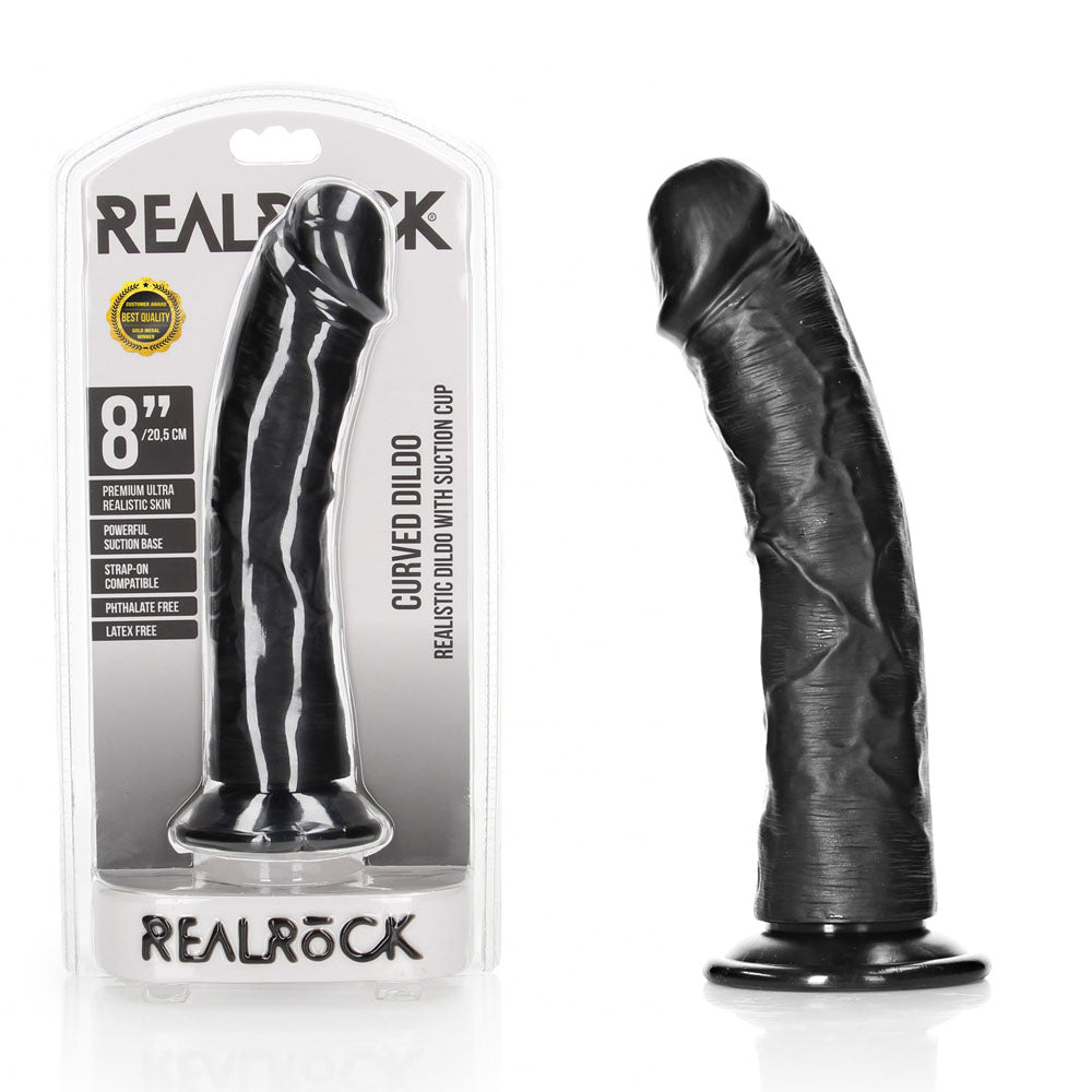 REALROCK Realistic Regular Curved Dildo with Suction Cup - 20 cm - Black 20 cm (8&