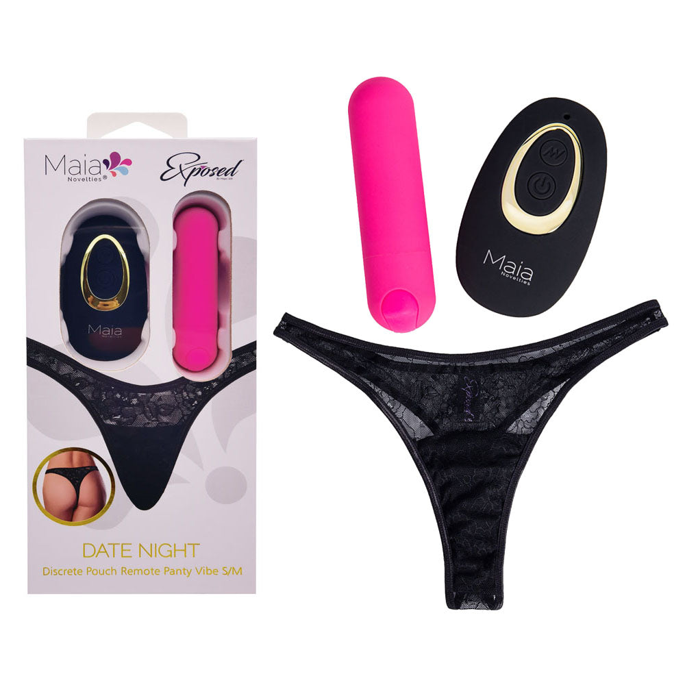 Maia DATE NIGHT PANTY VIBE - S/M - Black S/M Panty with Pink USB Rechargeable Bullet &amp; Remote