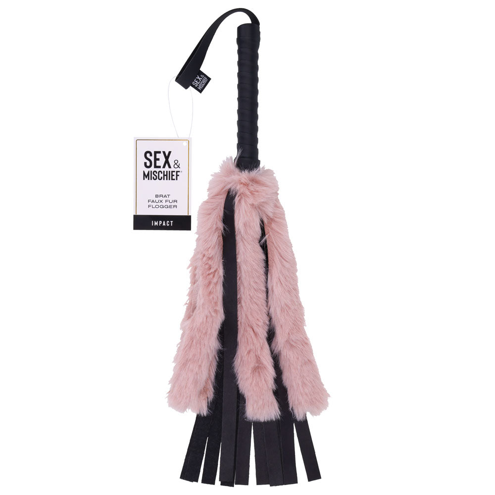 Sex &amp; Mischief Brat Faux Fur Flogger - Black 50 cm Whip with Pink Faux Feather