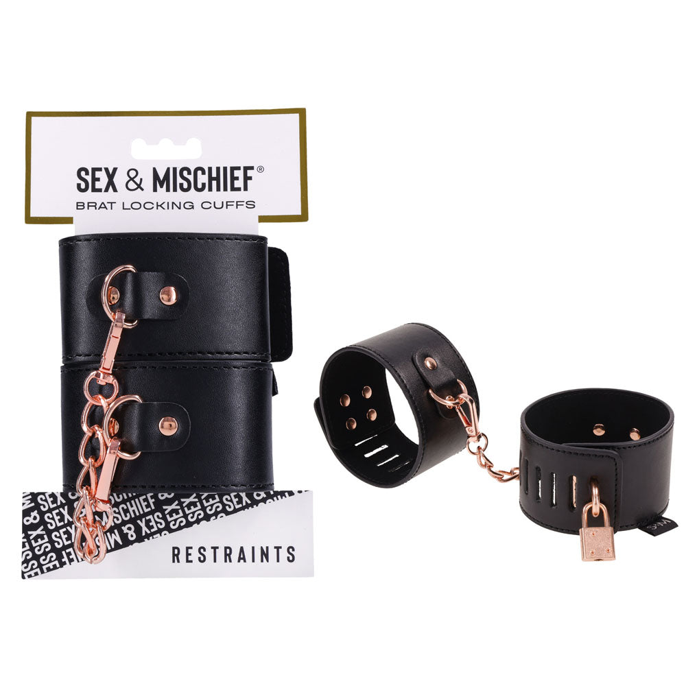 Sex &amp; Mischief Brat Locking Cuffs - Black/Rose Gold Hand Cuffs