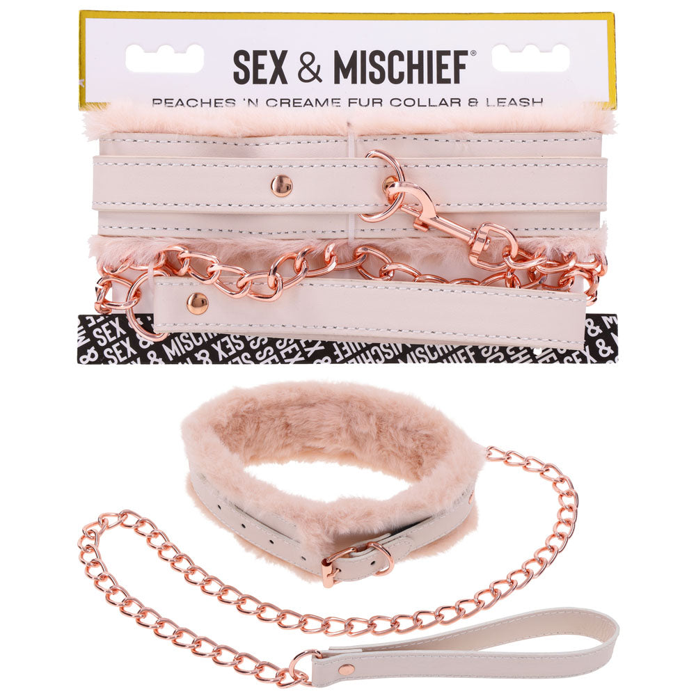 Sex &amp; Mischief Peaches n CreaMe Fur Collar &amp; Leash - Peach Restraint