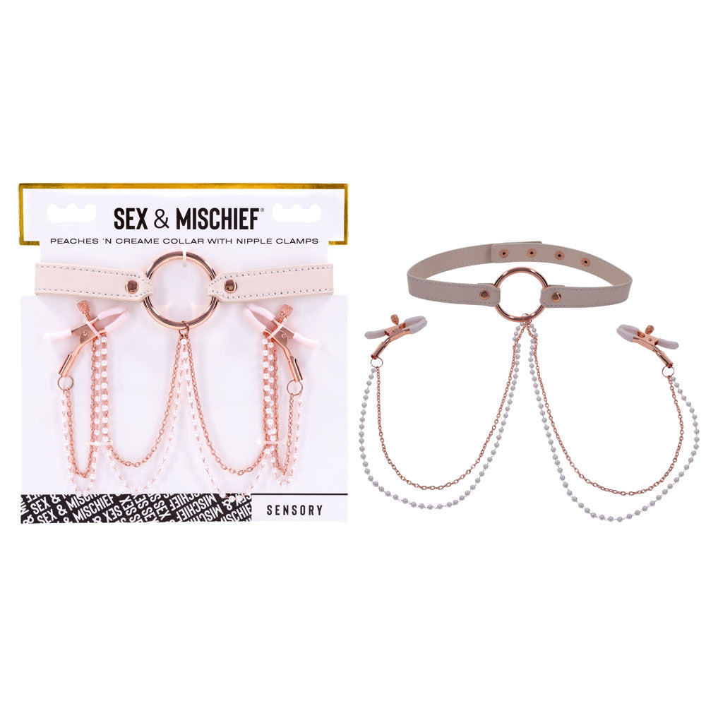 Sex &amp; Mischief Peaches n CreaMe Collar with Nipple Clamps - Peach Nipple Restraints
