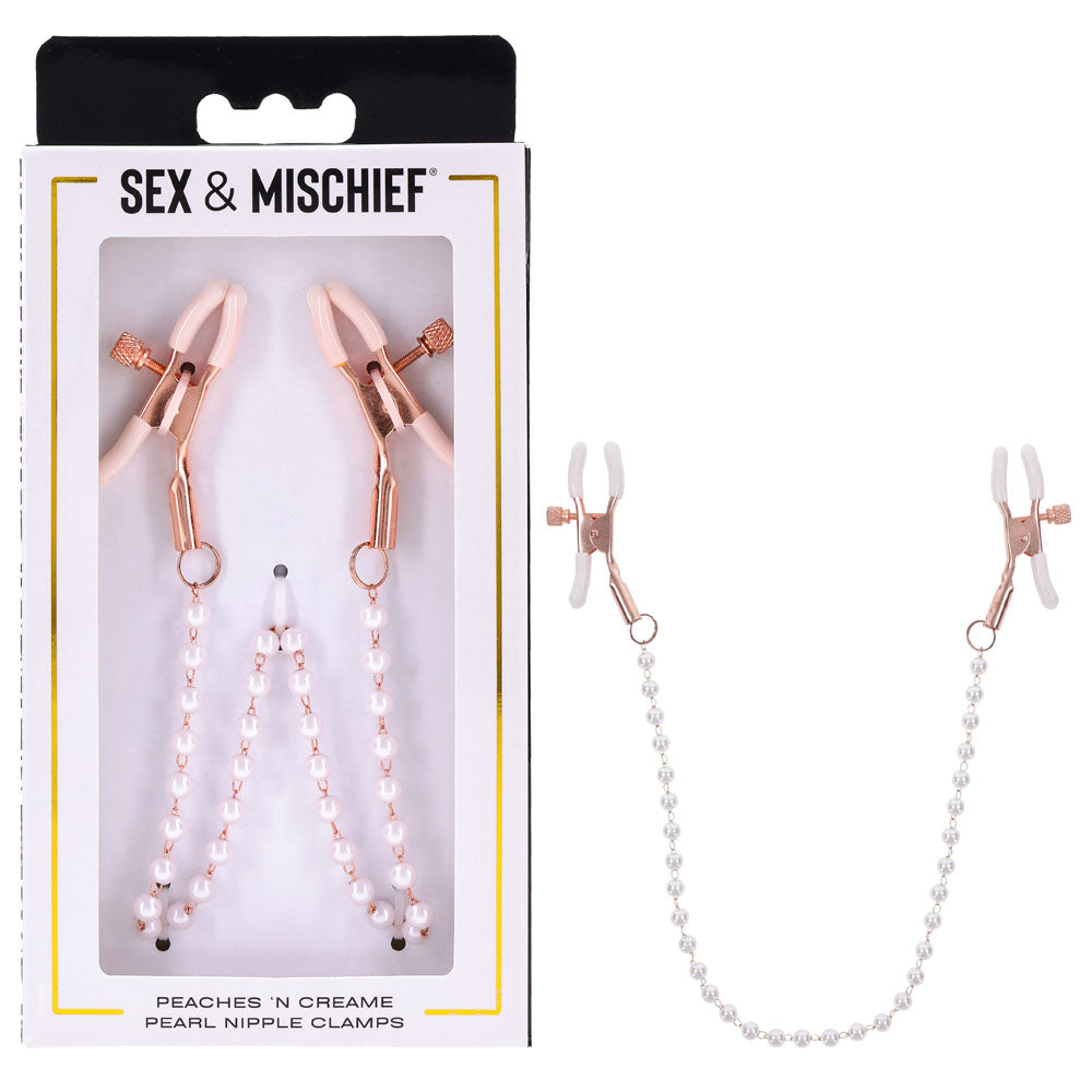Sex &amp; Mischief Peaches n CreaMe Pearl Nipple Clamps - Peach Nipple Restraints
