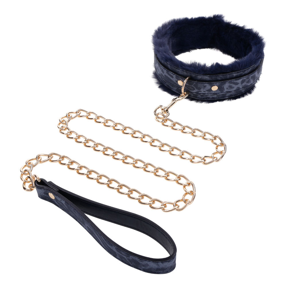 Sex &amp; Mischief Cougar Fur Collar &amp; Leash - Navy Blue/Gold Furry Restraint