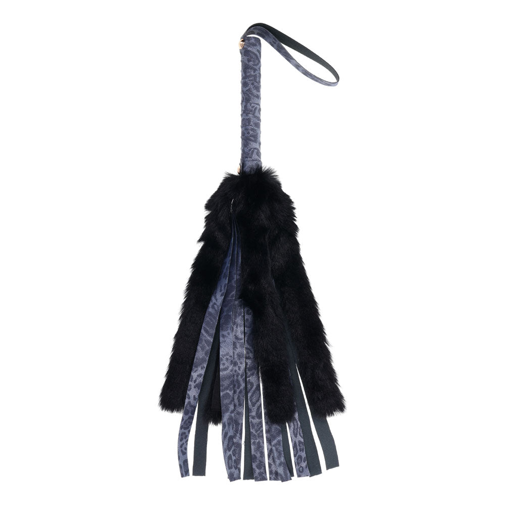 Sex &amp; Mischief Cougar Faux Fur Flogger - Navy Blue/Black Furry Flogger Whip