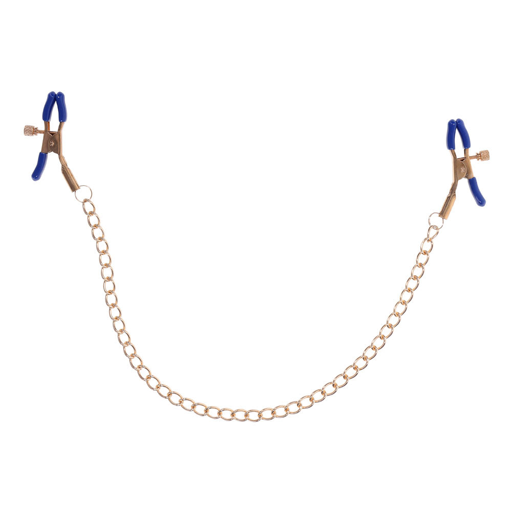 Sex &amp; Mischief Cougar Chained Nipple Clamps - Gold Nipple Clamps with Cougar Chain