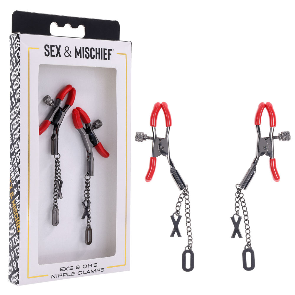 S&amp;M Exs &amp; Ohs Nipple Clamps - Red Tipped Metal Nipple Clamps - Set of 2