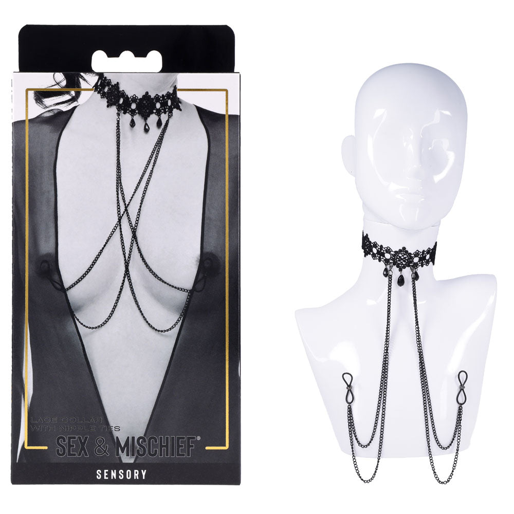 Sex &amp; Mischief Lace Collar with Nipple Ties - Black Neck and Nipple Restraints