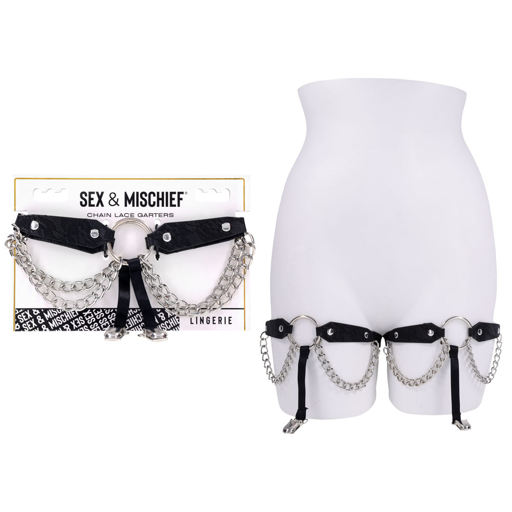 Sex &amp; Mischief Chain Lace Garters - Black/Metal Garters
