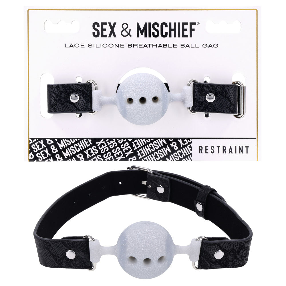 Sex &amp; Mischief Lace Silicone Breathable Ball Gag - Black/Grey Mouth Restraint