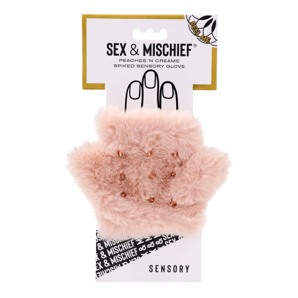 Sex &amp; Mischief Peaches n CreaMe Spiked Sensory Glove - Peach Furry Glove with Metal Spikes