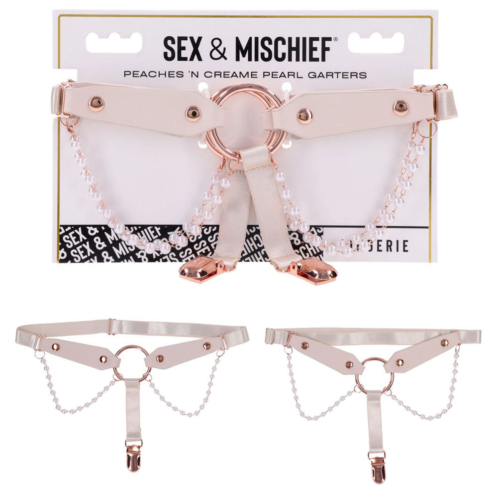 Sex &amp; Mischief Peaches n CreaMe Pearl Garters - Peach / Rose Gold Garters with Pearls - Set of 2