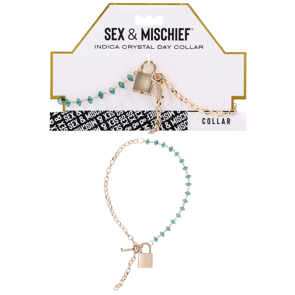 Sex &amp; Mischief Indica Crystal Day Collar - Gold/Emerald Lockable Collar