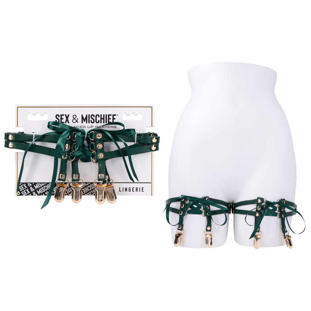 Sex &amp; Mischief Indica Laced Up Garters - Green/Gold Garters - Set of 2